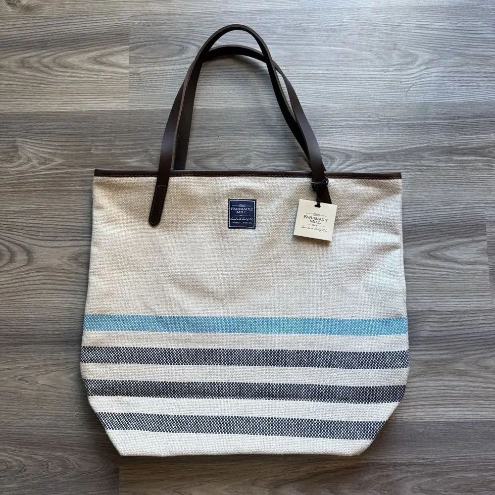 Faribault Woolen Mills Cotton Tote Bag MADE IN USA Leather Straps NWT Blue